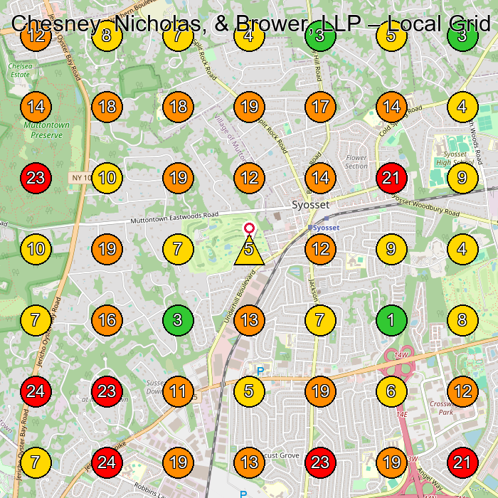 Chesney, Nicholas, & Brower, LLP Law Firm GeoGrid ranking map for Syosset NY